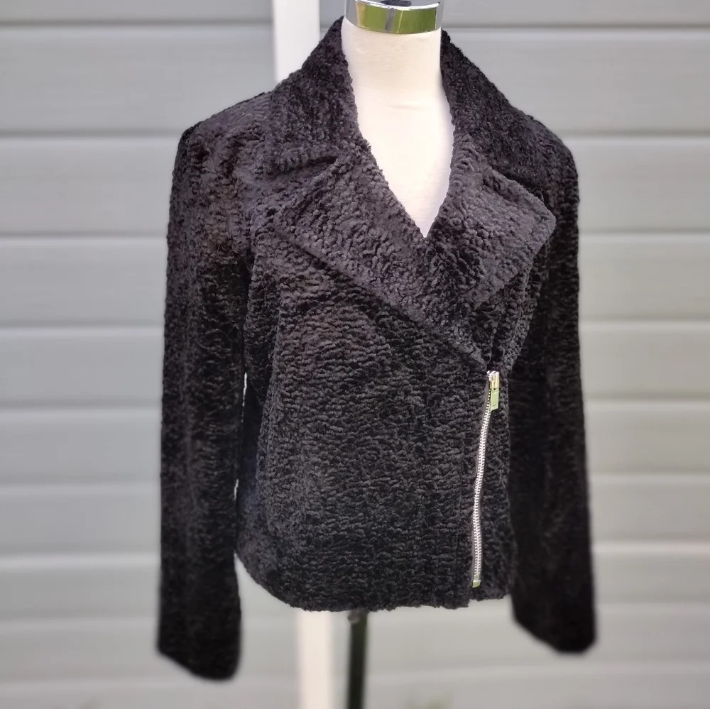 THEORY Black Crop Vegan Faux Fur Slim Moto Asymmetric Zip Cropped Jacket 8 US